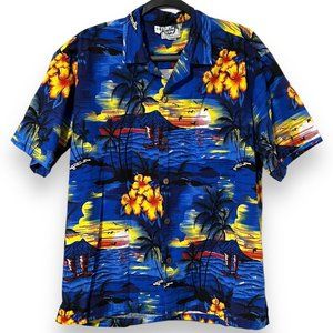 Vintage Paradise Style Hawaiian Beach Shirt Mens Large Blue Yellow Cotton